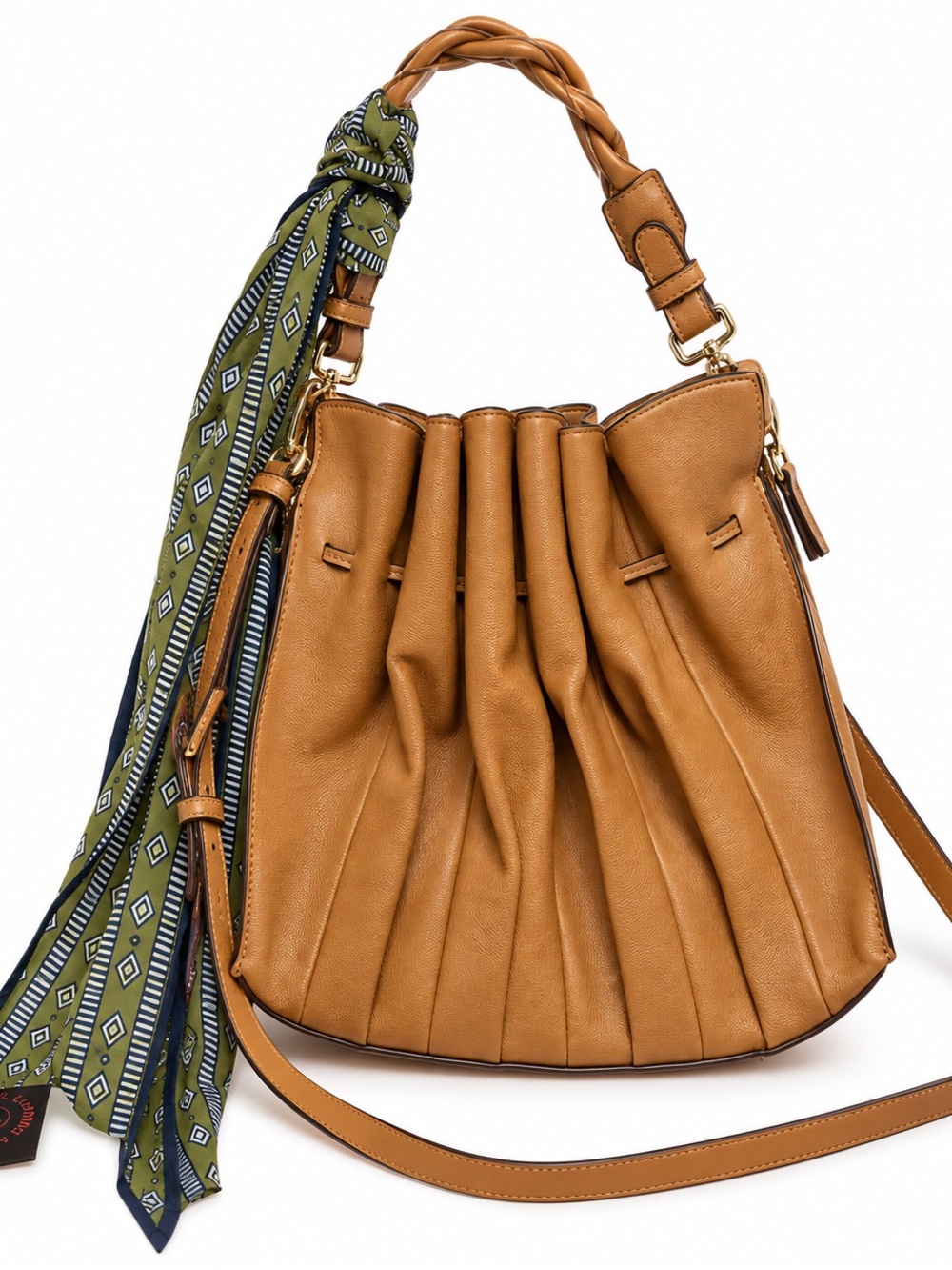 Vintage Tan Pleated Leather Shoulder Bag with Scarf Accent